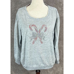 One World Top Womens XXL Gray‎ Beaded Candy Canes Bow Holiday Blouse